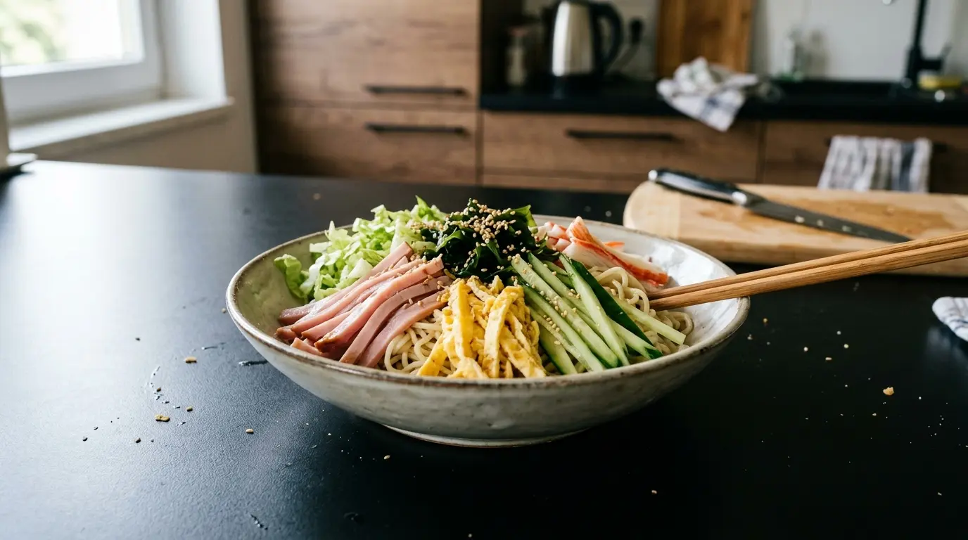 Hiyashi chūka – chłodny makaron z warzywami i szynką