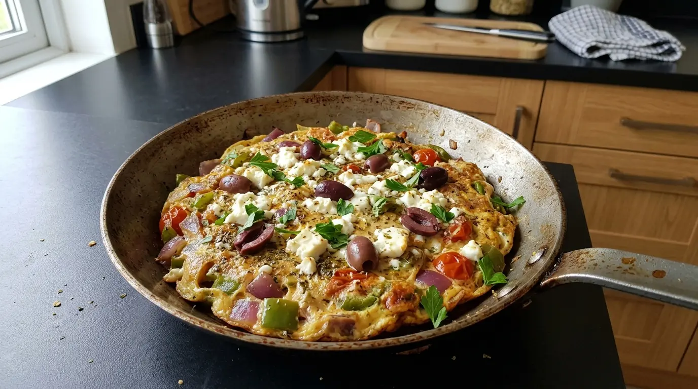 Horiatiki omeleta – omelette grecque aux légumes et à la feta