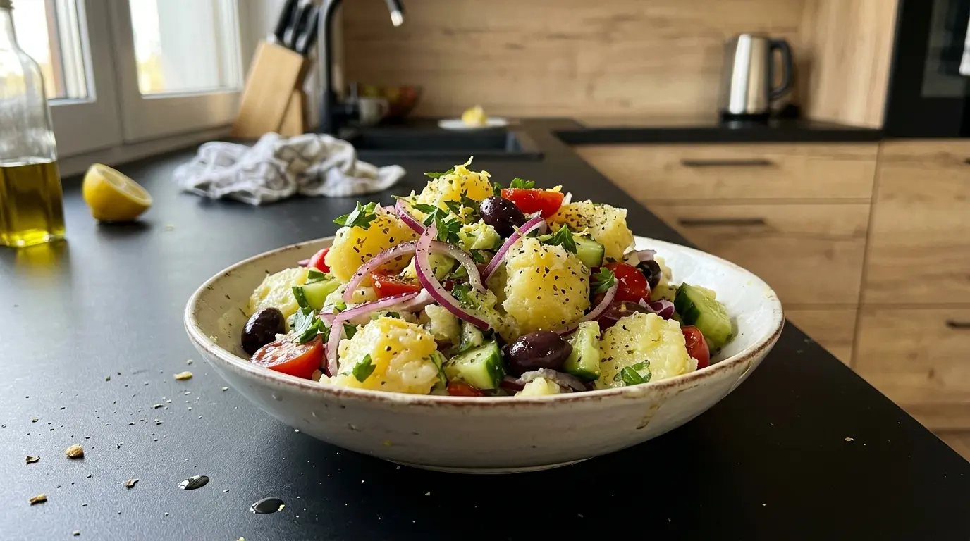 Horiatiki patatosalata – salade grecque de pommes de terre à l’huile d’olive et au citron