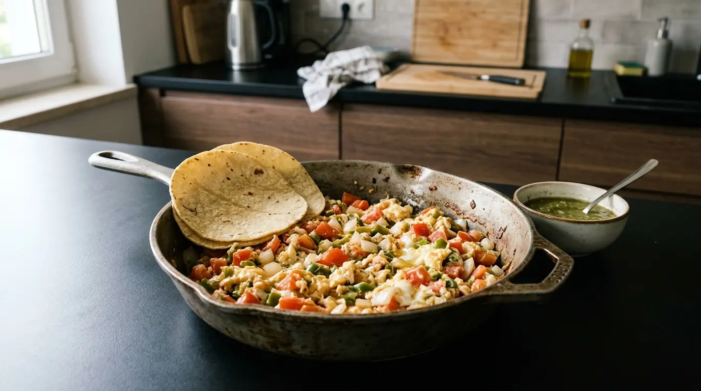 Huevos a la mexicana – eggs with tomatoes, onion and chili