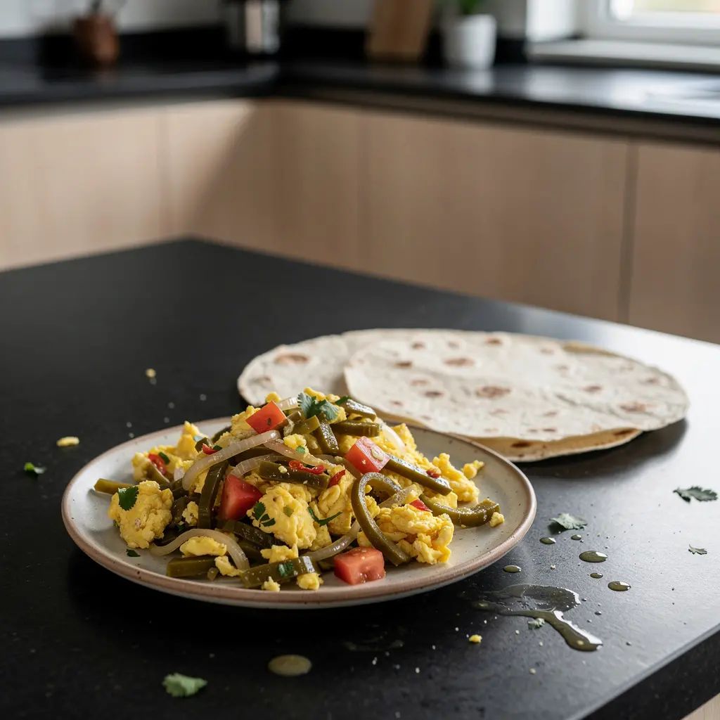 Huevos con nopales – eggs with cactus, tomato and onion