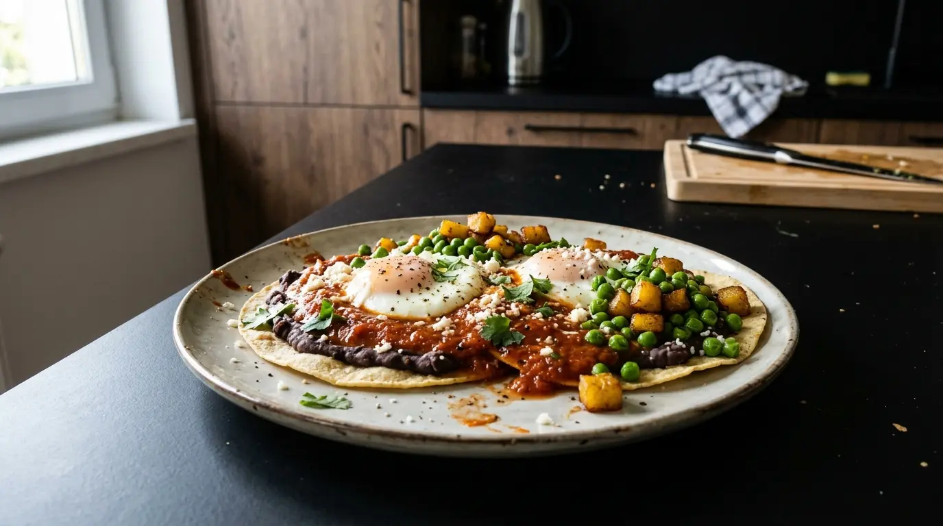 Huevos motuleños – uova al tegamino con fagioli, piselli e banana
