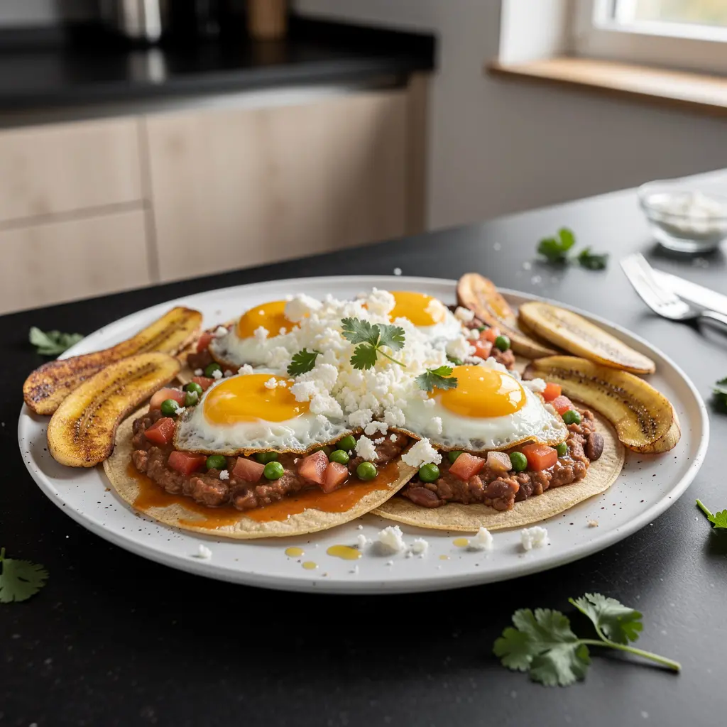 Huevos motuleños – uova al tegamino con fagioli, piselli e banana