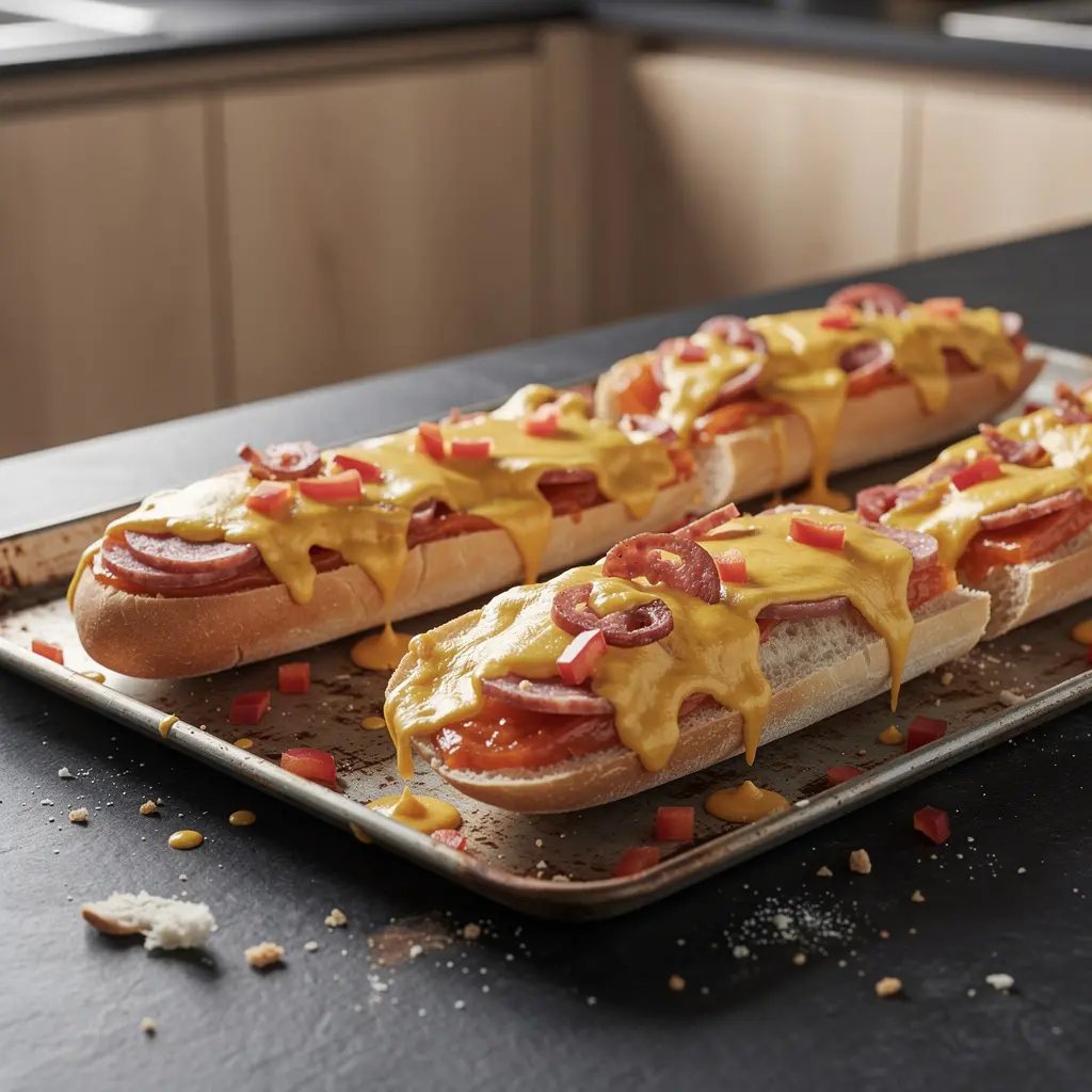 Party casserole with baguette, salami and peppers