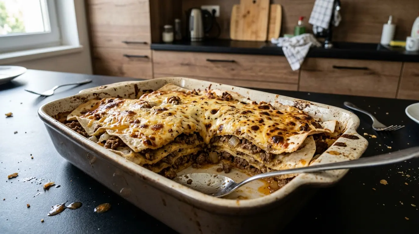 Imprezowa zapiekanka z tortilli, mięsem mielonym i serem