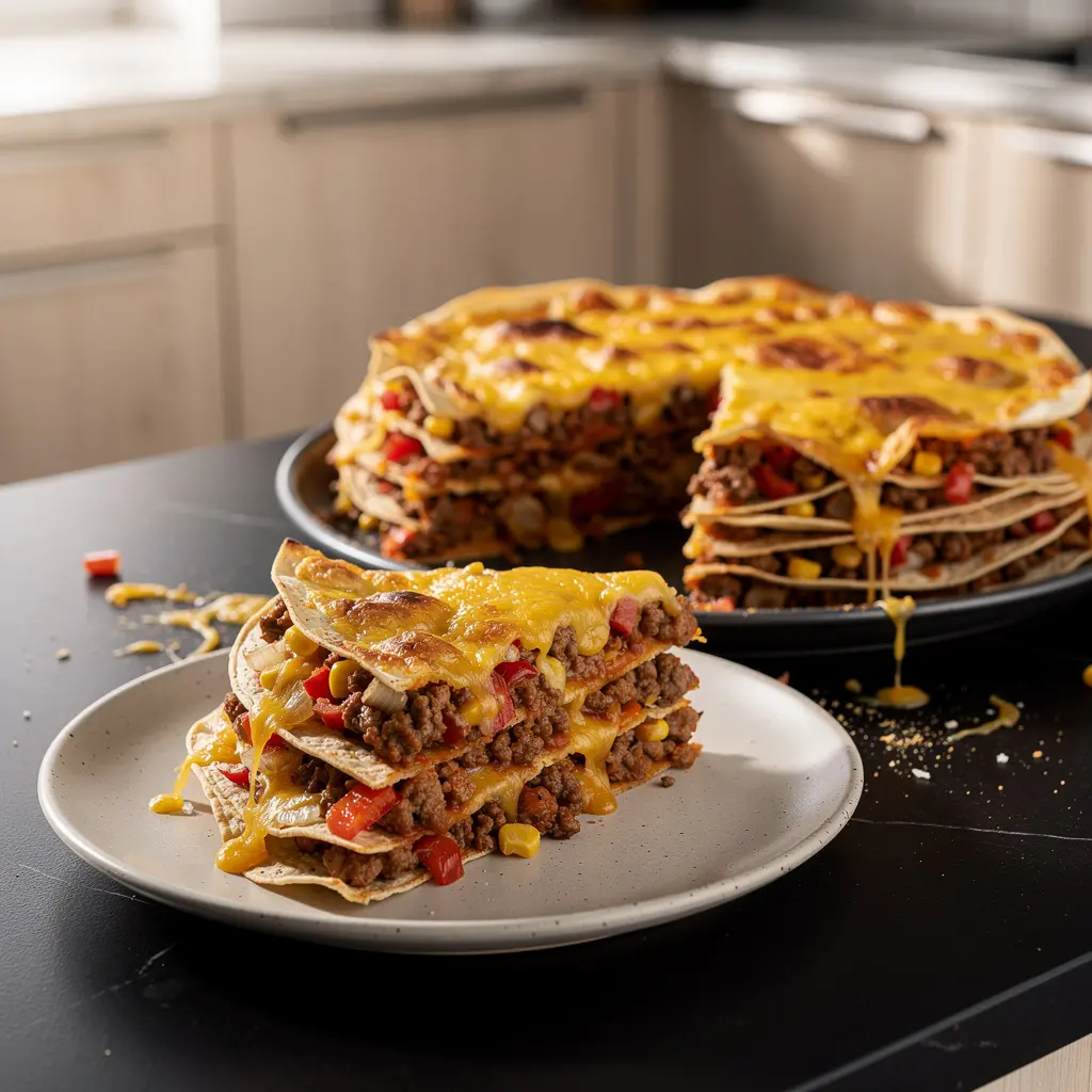 Imprezowa zapiekanka z tortilli, mięsem mielonym i serem