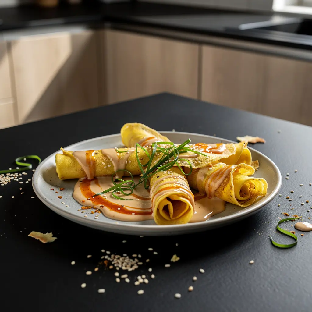 Jajeczne naleśniki dan dan z sosem sezamowo-pikantnym