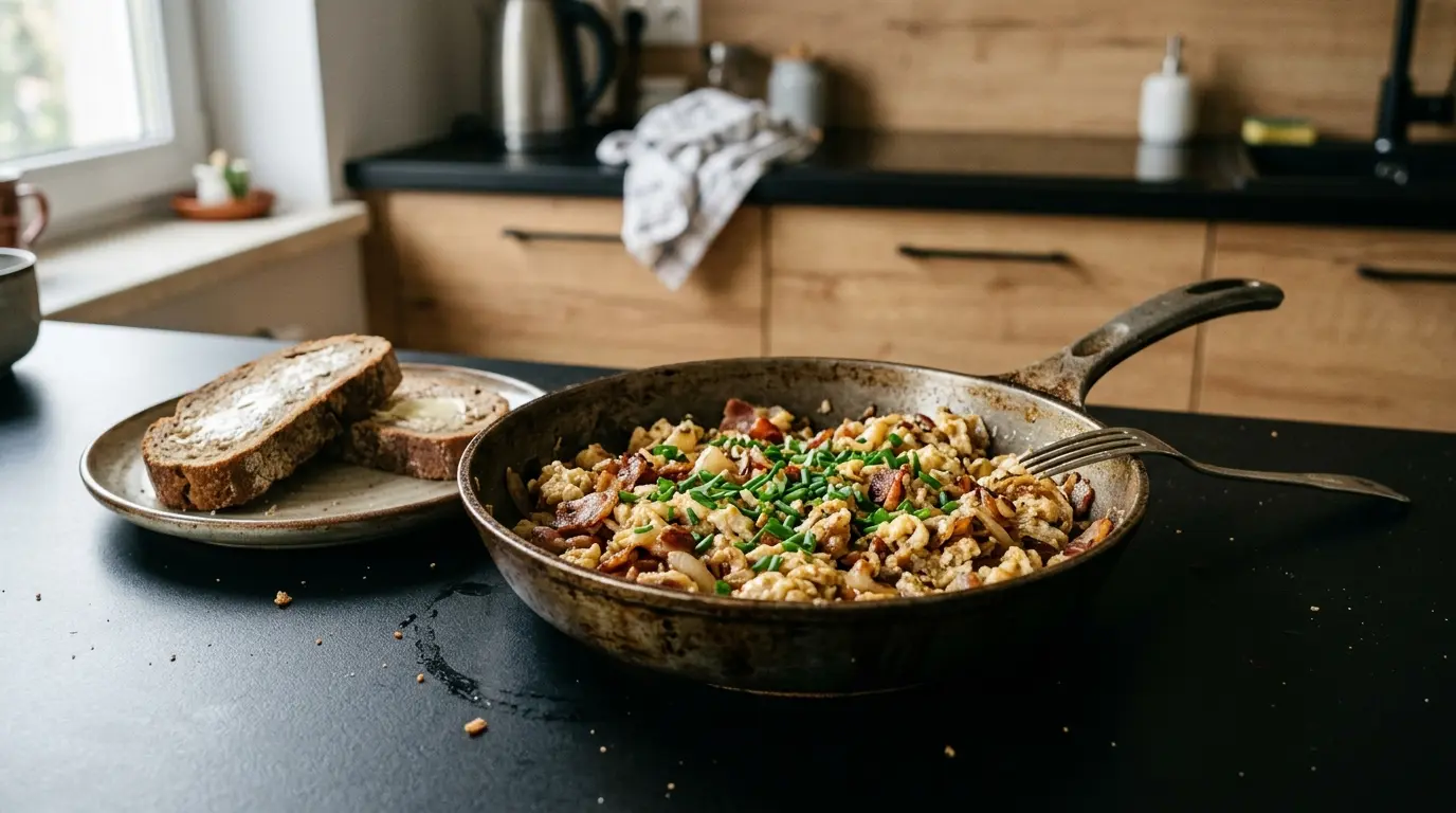 Jajecznica z boczkiem i cebulą na śniadanie