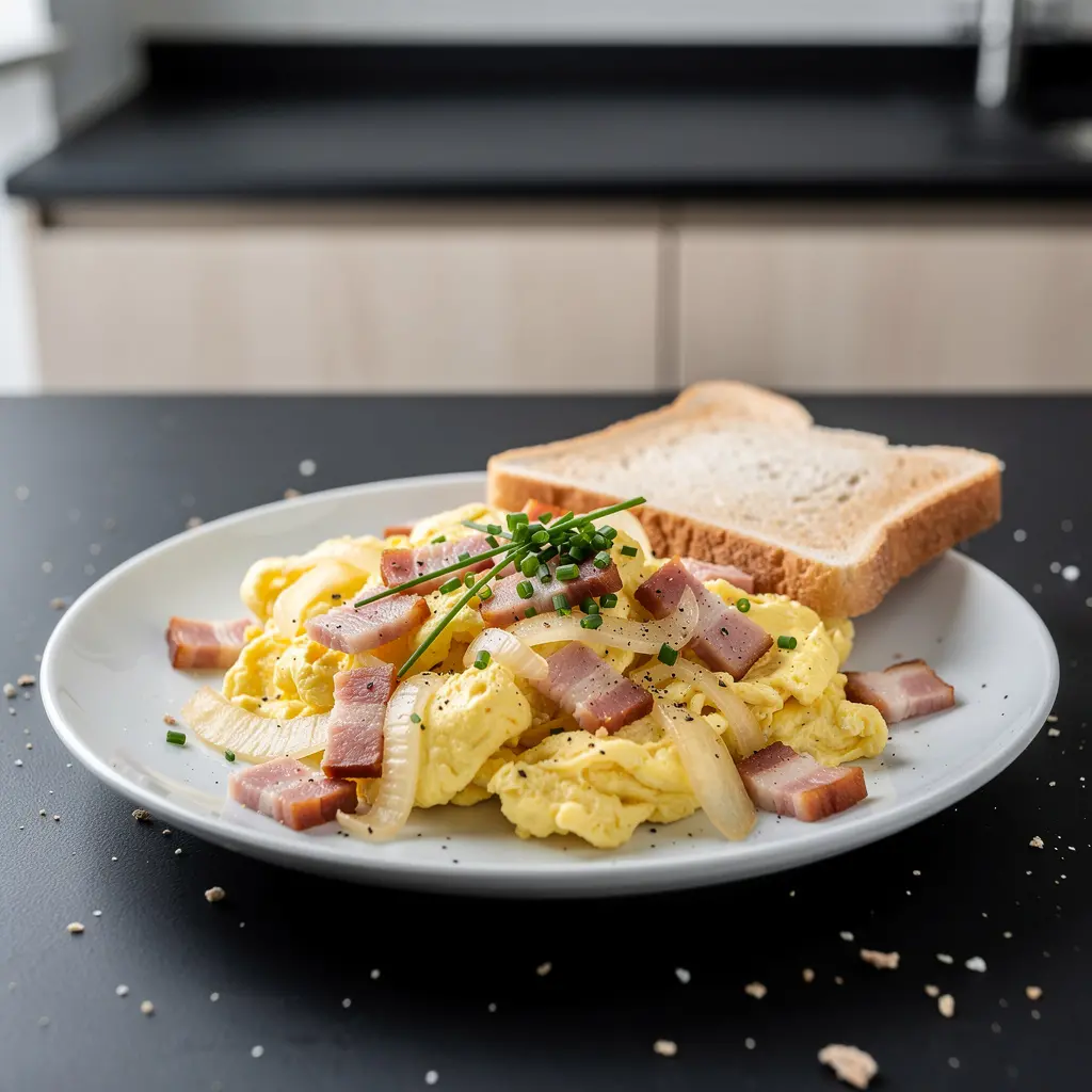 Uova strapazzate con pancetta e cipolla per colazione