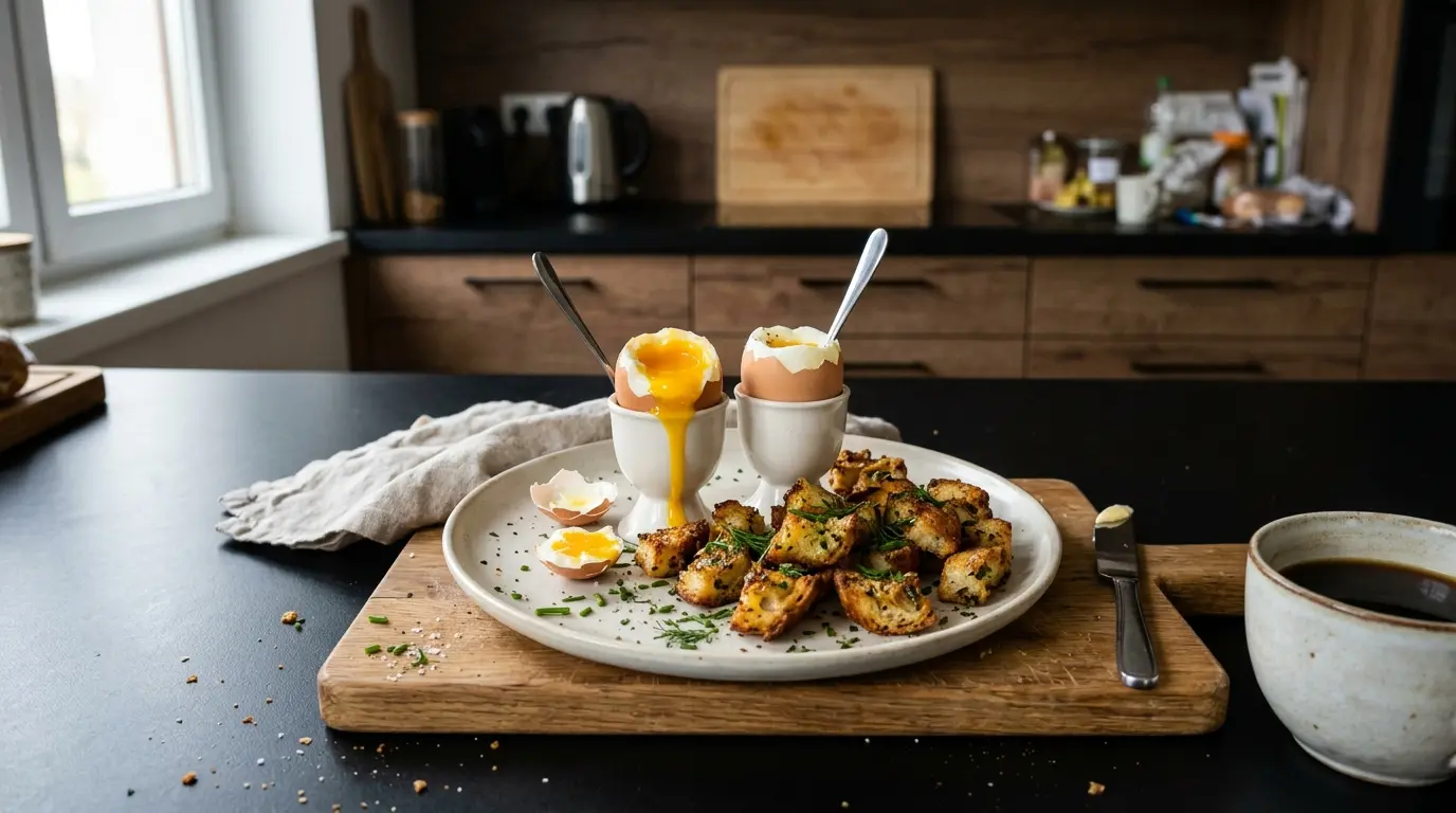 Jajka na miękko z grzankami czosnkowymi