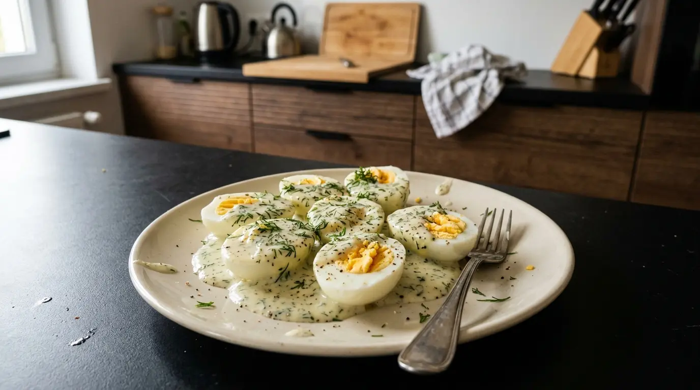 Jajka na twardo w sosie koperkowym