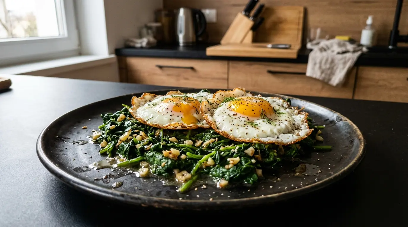 Jajka sadzone na szpinaku z czosnkiem