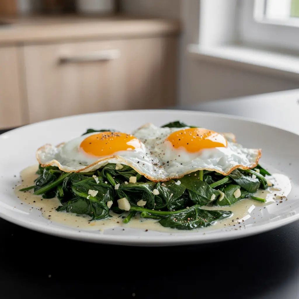 Fried eggs on spinach with garlic