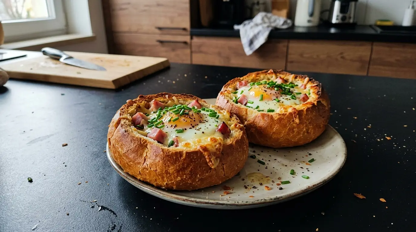 Uova al forno nelle rosette con prosciutto e formaggio