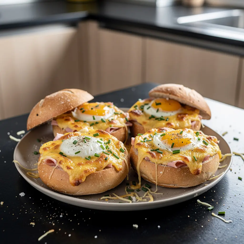 Jajka zapiekane w bułkach z szynką i serem