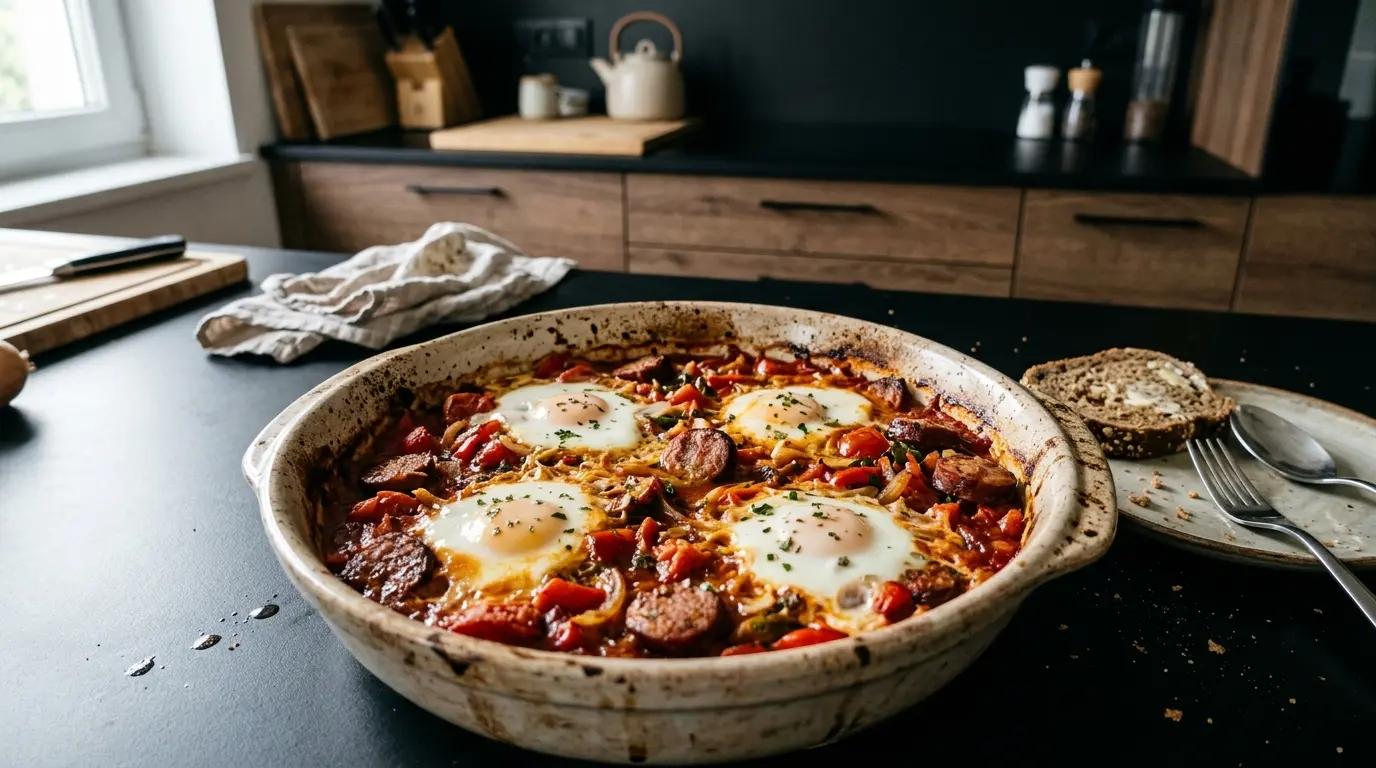 Jajka zapiekane w sosie pomidorowym z kiełbasą