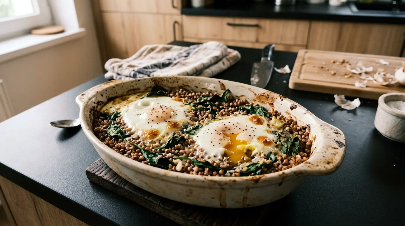 Uova al forno con grano saraceno e spinaci