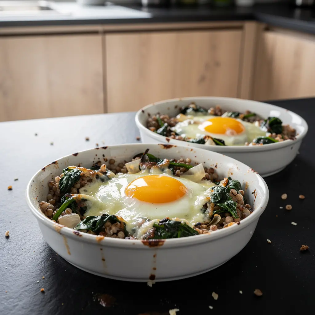 Baked eggs with buckwheat and spinach