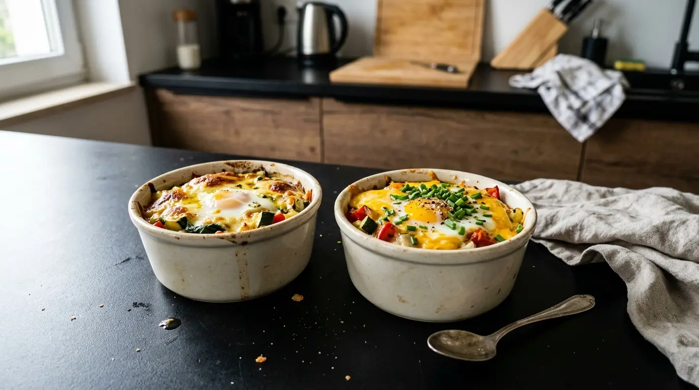Jajka zapiekane z warzywami i serem w naczynkach