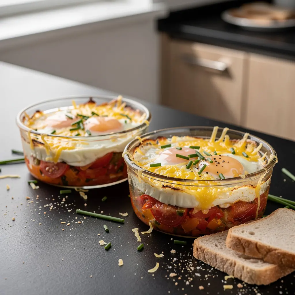 Baked Eggs with Vegetables and Cheese in Ramekins