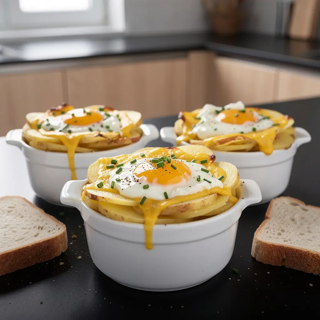 Uova al forno con patate e formaggio in cocotte