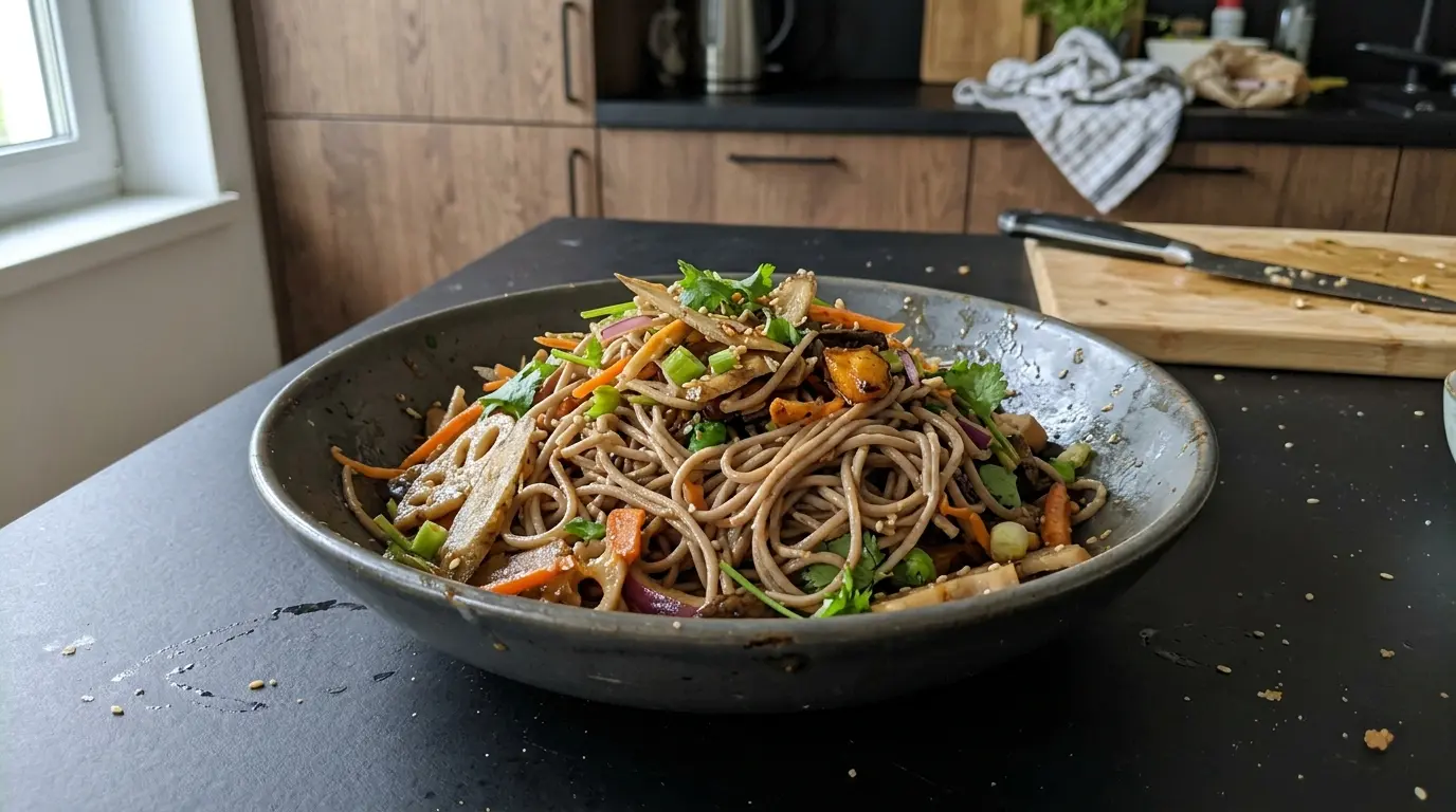 Ensalada japonesa de fideos soba y verduras de raíz