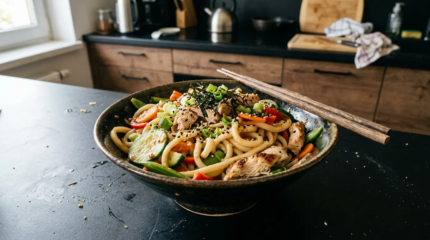 Japońska sałatka z makaronem udon i kurczakiem