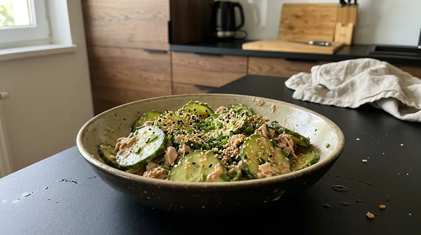 Ensalada japonesa de pepino y atún en salsa de sésamo