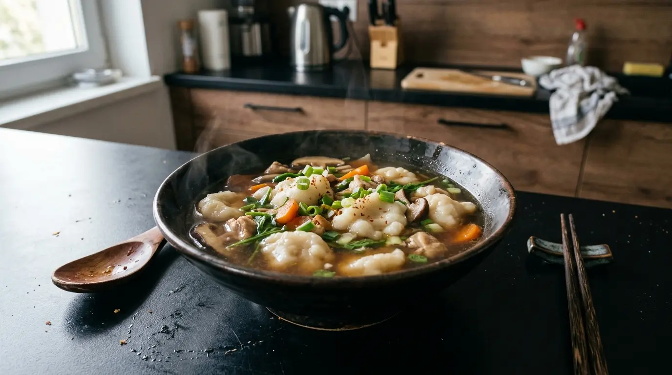 Japońska zupa z kluskami ryżowymi dango