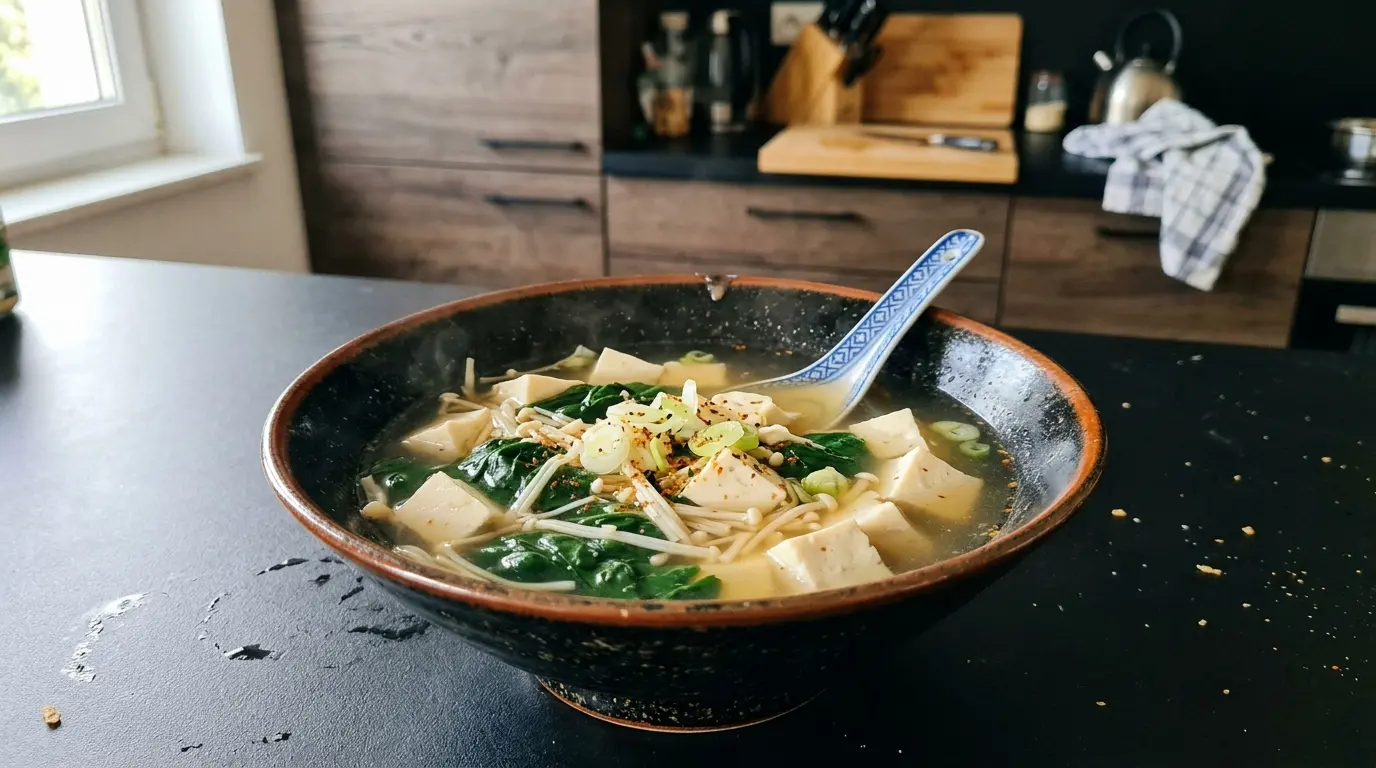 Japońska zupa z tofu i szpinakiem w lekkim bulionie