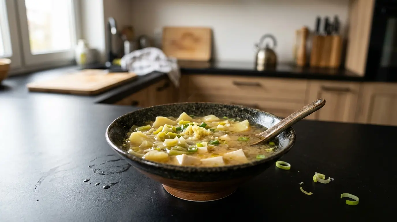 Japońska zupa z tofu, porem i ziemniakami