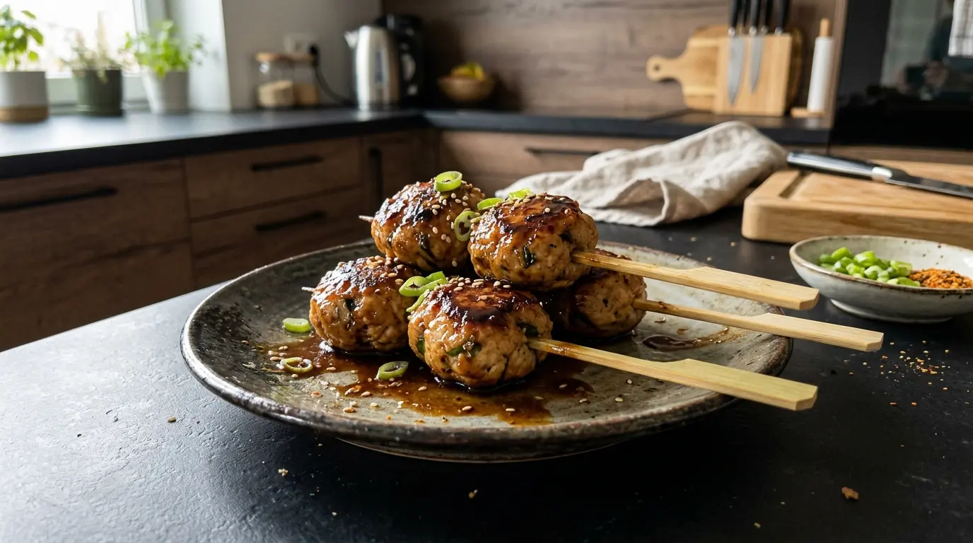 Japońskie klopsiki tsukune z kurczaka z sosem tare