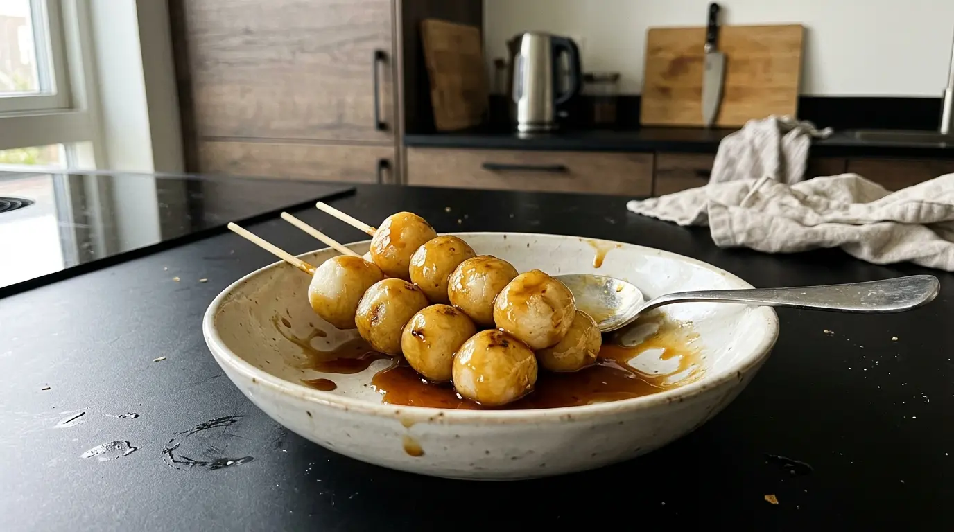 Japanische Reisklößchen Dango in Soja-Karamell-Sauce