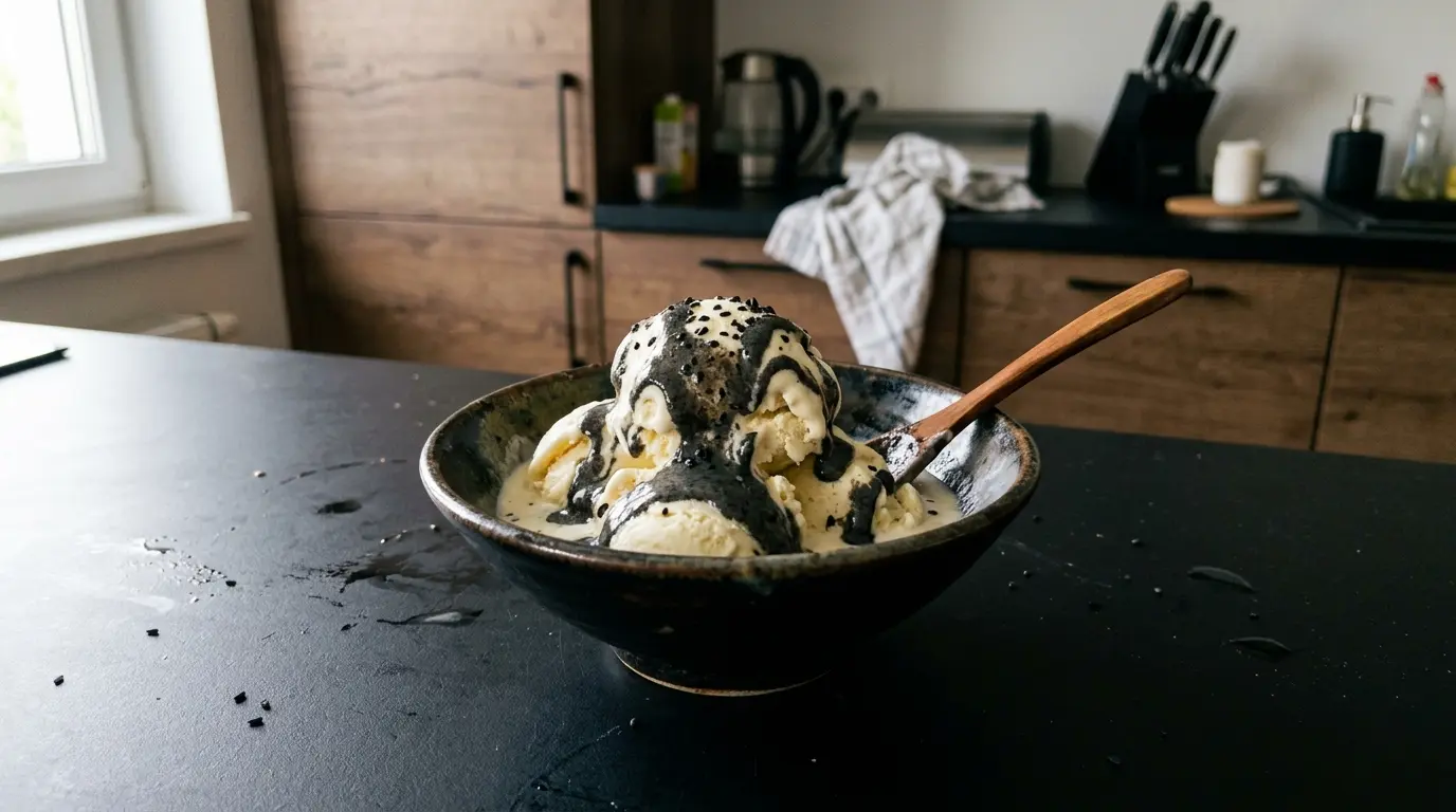 Japońskie lody waniliowe z sosem z czarnego sezamu