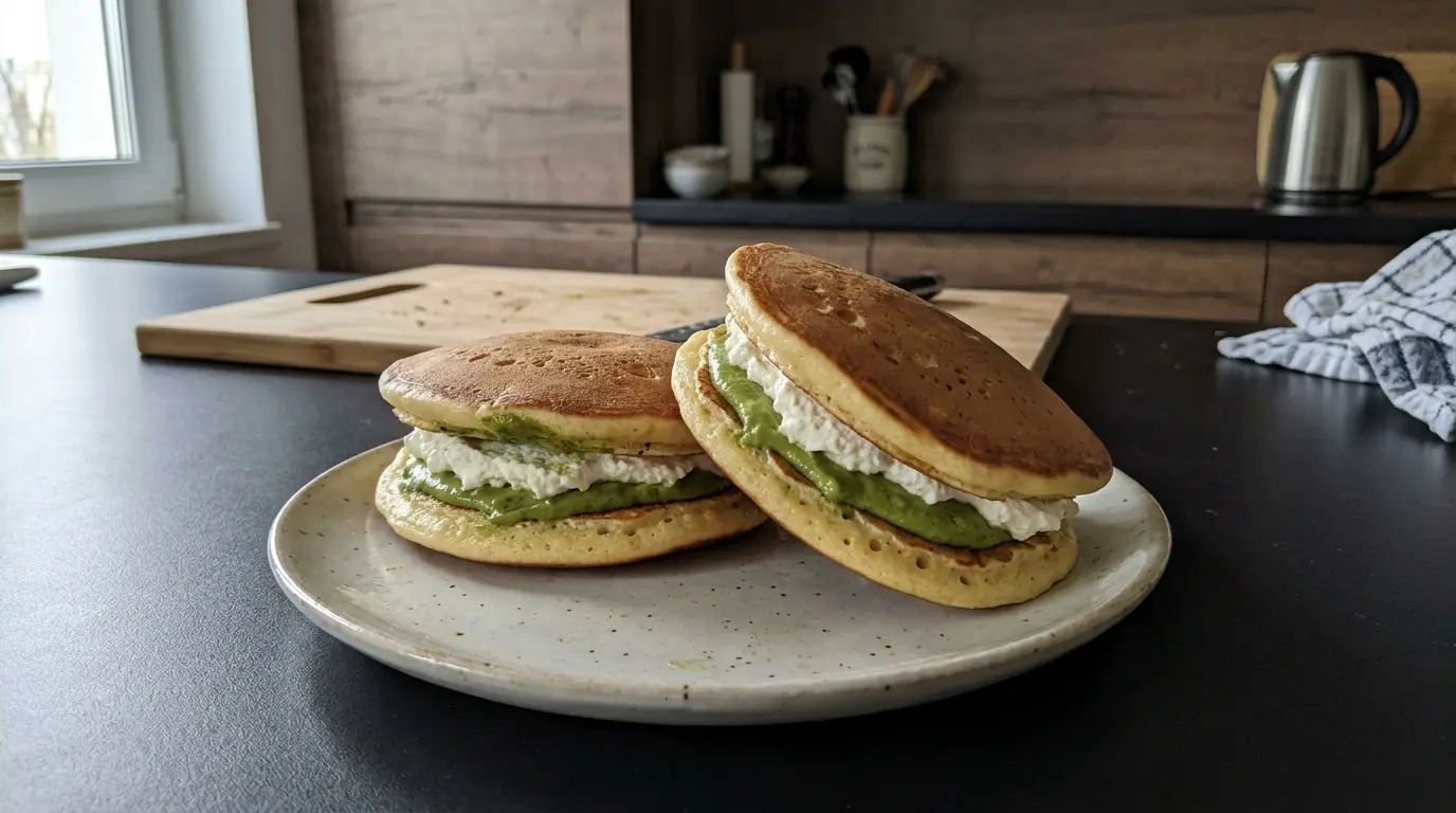 Japońskie naleśniki dorayaki z kremem matcha i śmietanką