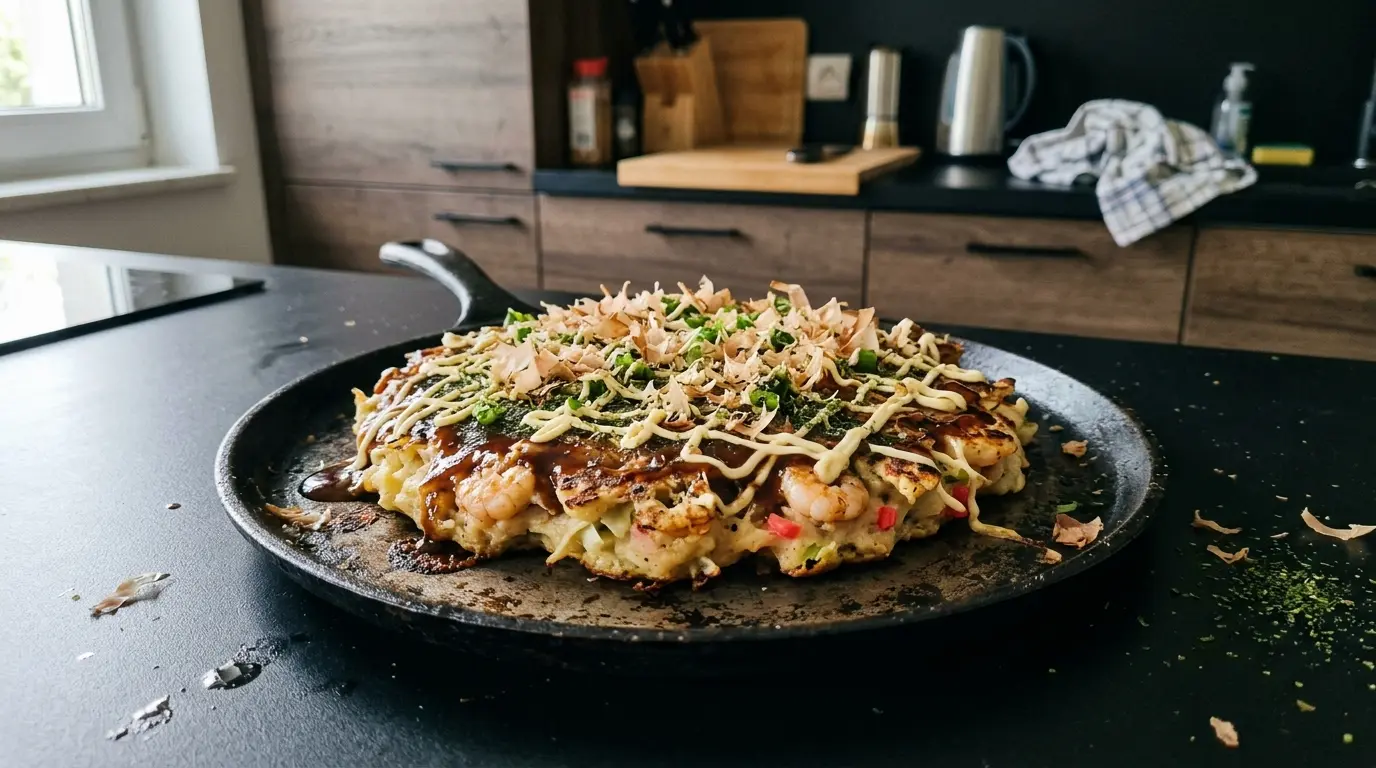 Japońskie naleśniki okonomiyaki z krewetkami