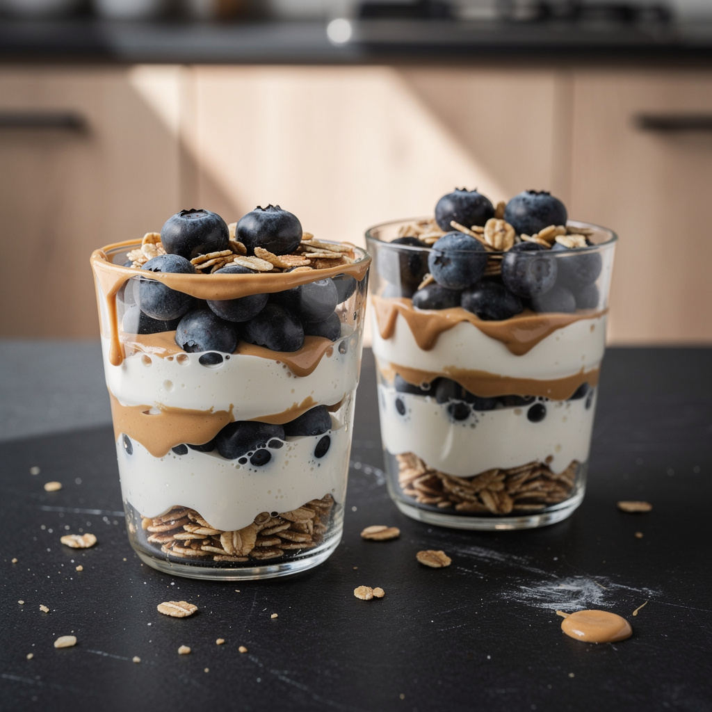 Yogurt parfait with blueberries and peanut butter