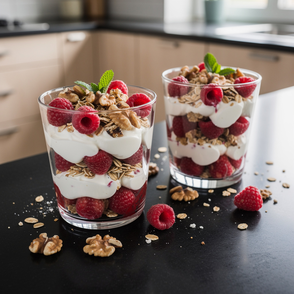 Yogurt parfait with raspberries and granola American-style