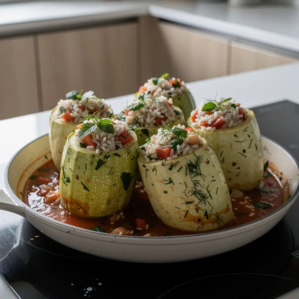 Kabak dolması – calabacines rellenos de arroz y hierbas en salsa de tomate