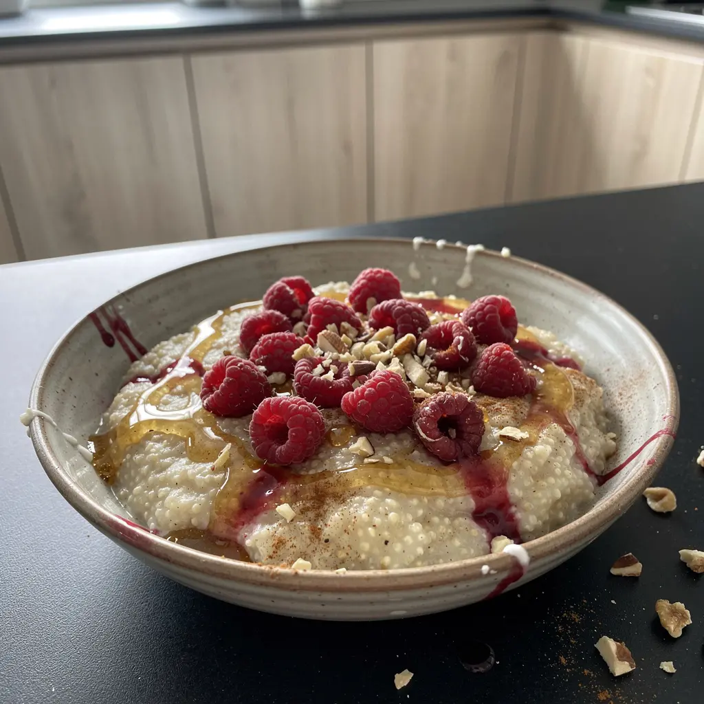 Millet porridge with milk, raspberries and honey