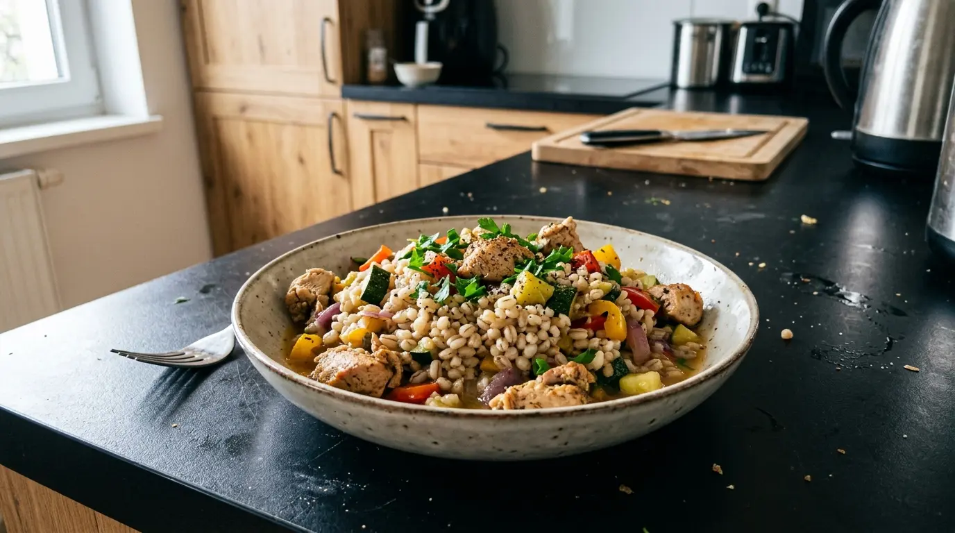 Kasza jęczmienna z kurczakiem i warzywami z patelni