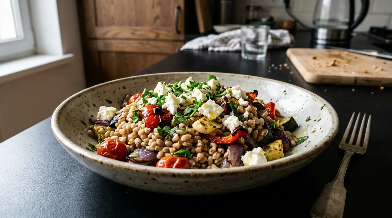 Spelt Groats with Roasted Vegetables and Feta