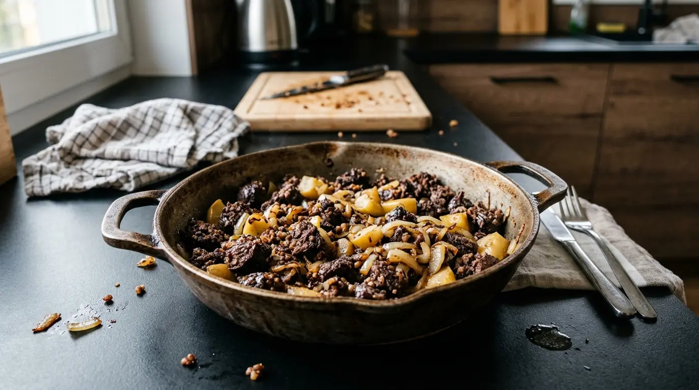 Kaszanka smażona z cebulą i jabłkiem