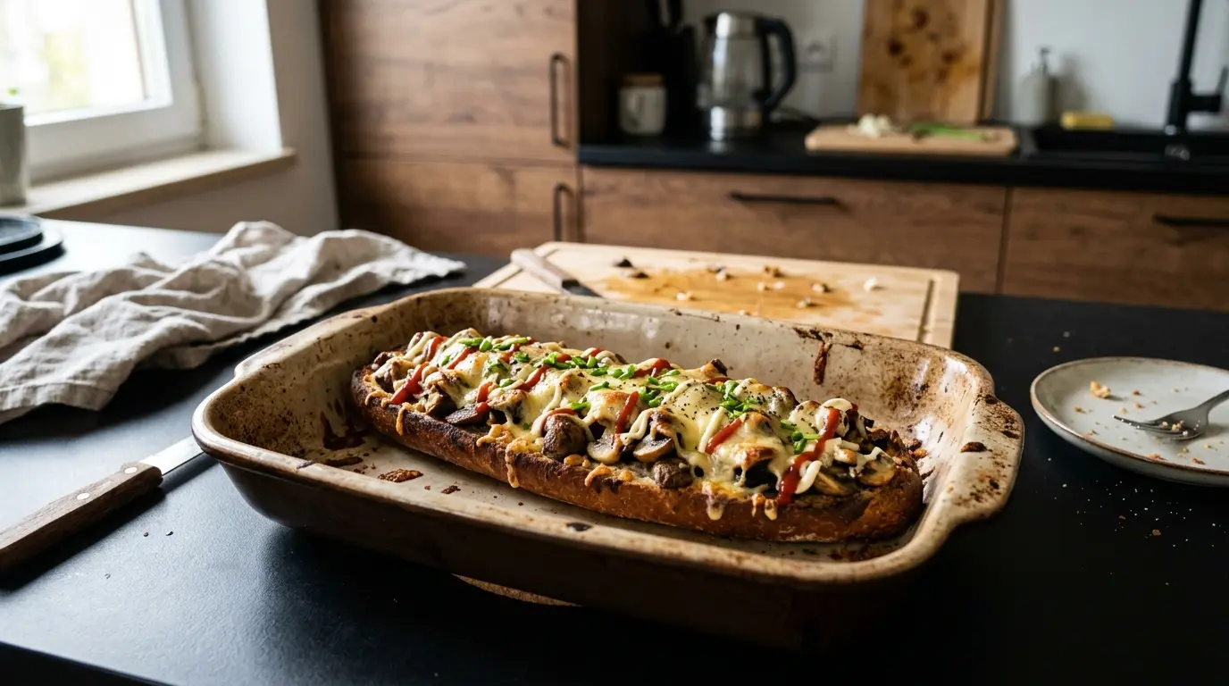 Klasyczna zapiekanka z pieczarkami i żółtym serem