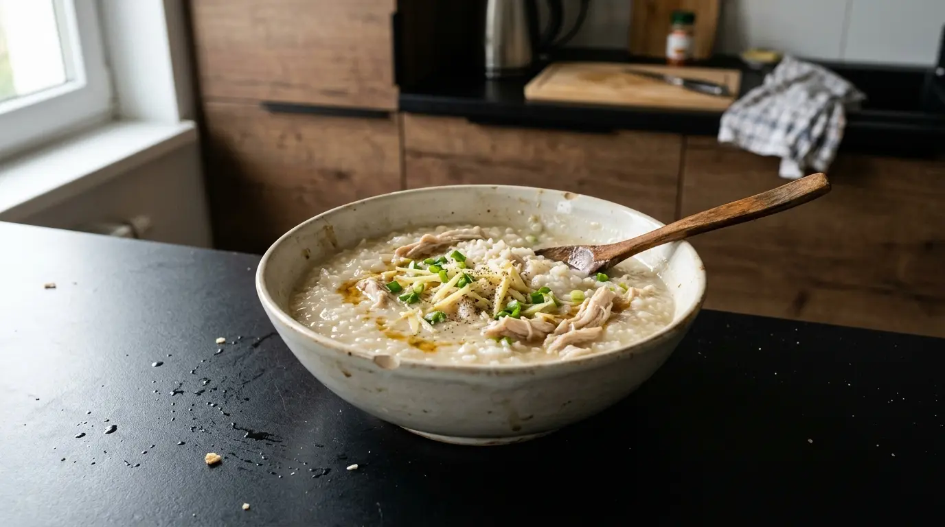 Kleik ryżowy congee z kurczakiem i imbirem