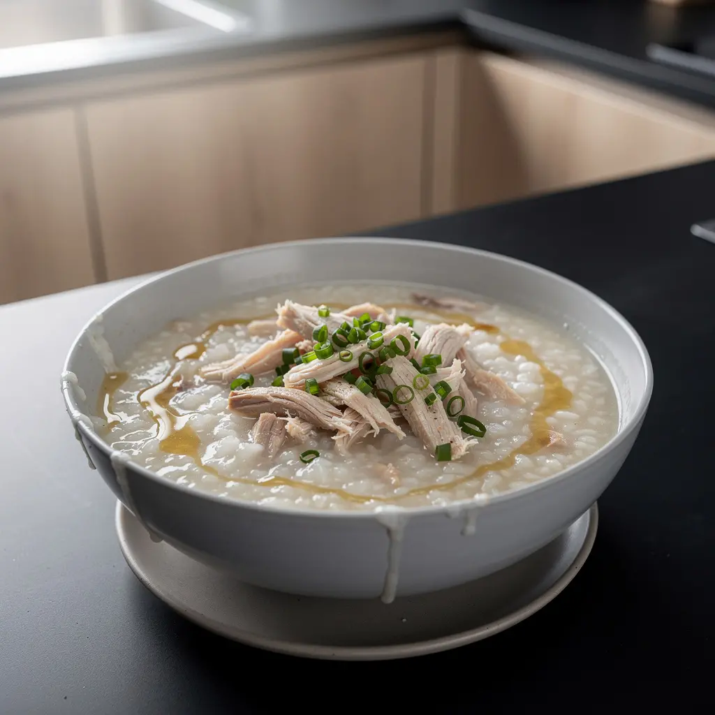 Kleik ryżowy congee z kurczakiem i imbirem