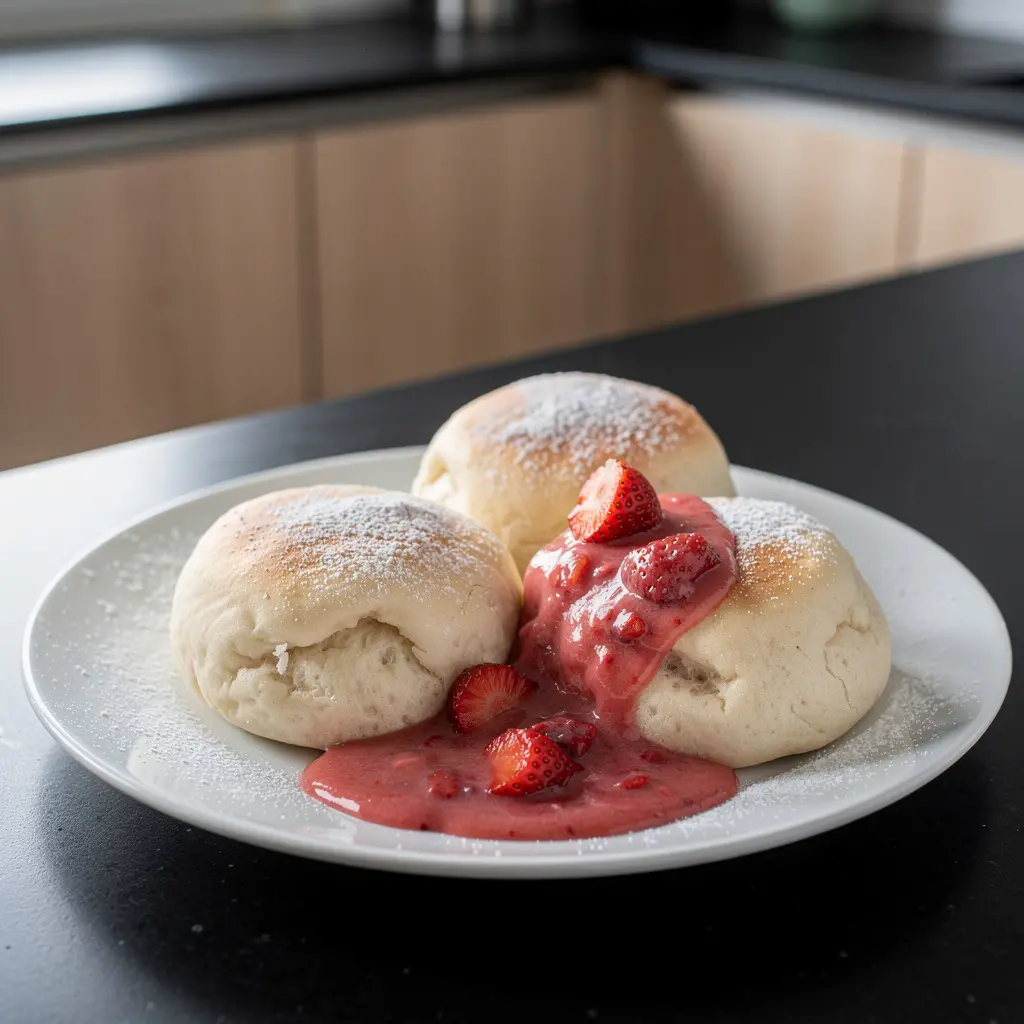 Steamed yeast dumplings with strawberry sauce
