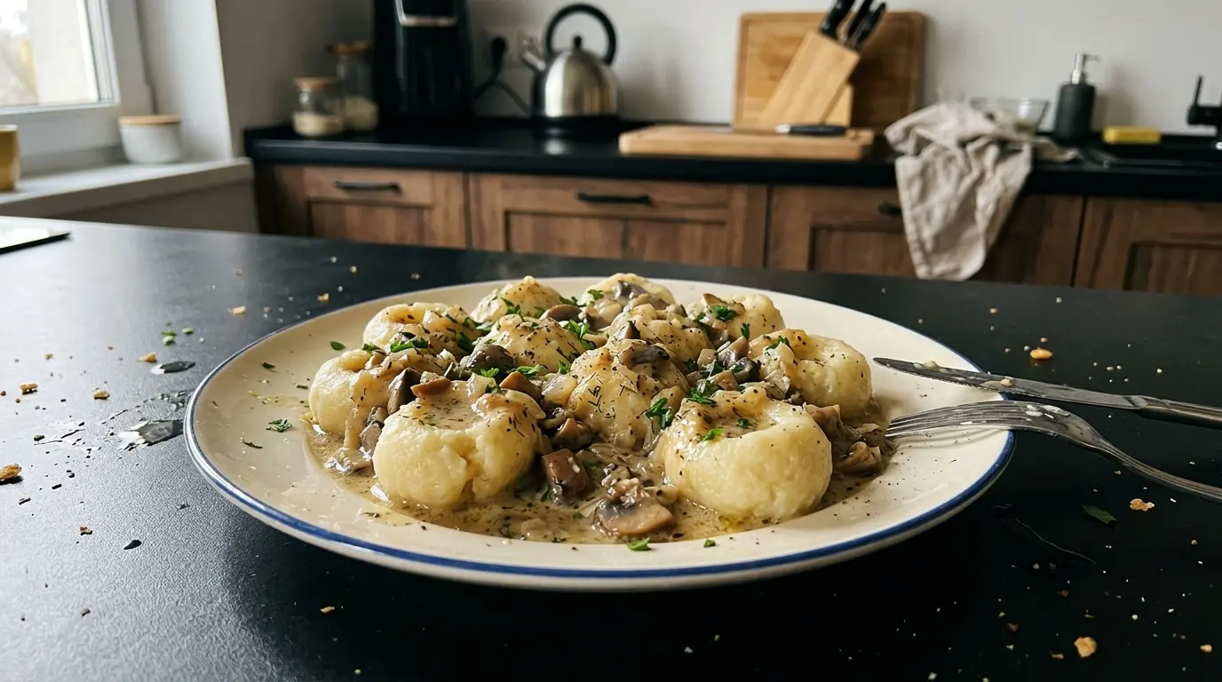 Kluski śląskie z sosem pieczarkowym