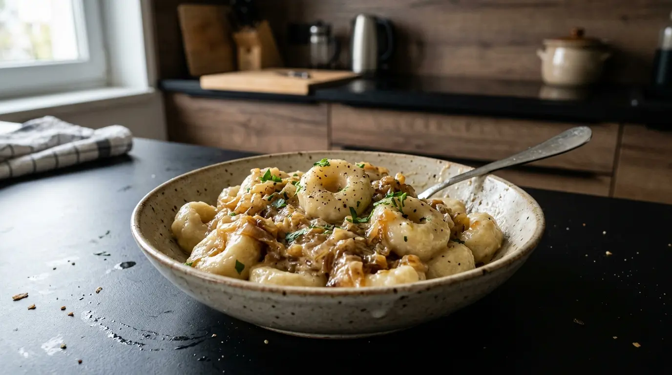 Kluski z dziurką z sosem cebulowym