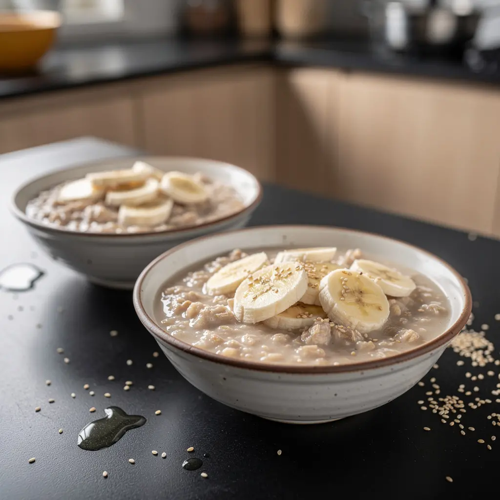 Koreańska owsianka owsiana z bananem, miodem i sezamem